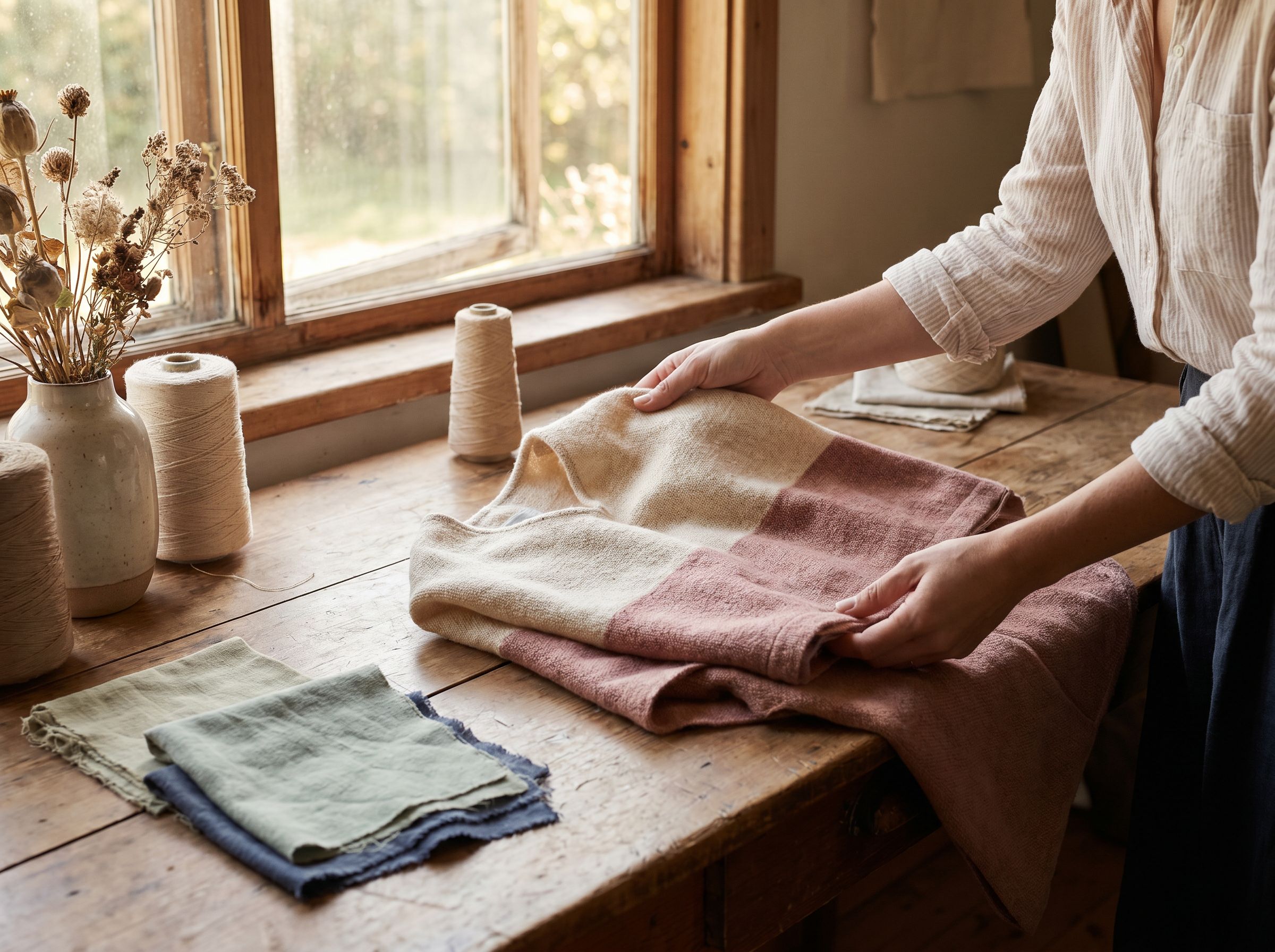 L'atelier — drapé d'un poncho dans la lumière douce de fin de journée